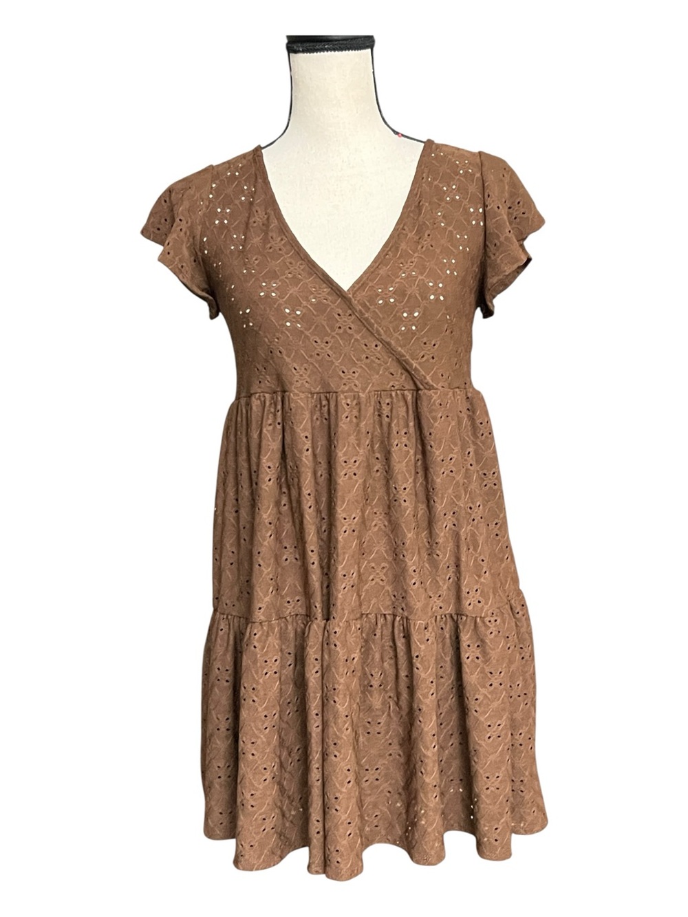 Jessica Simpson Brown Eyelet Wrap Tiered Dress Size M